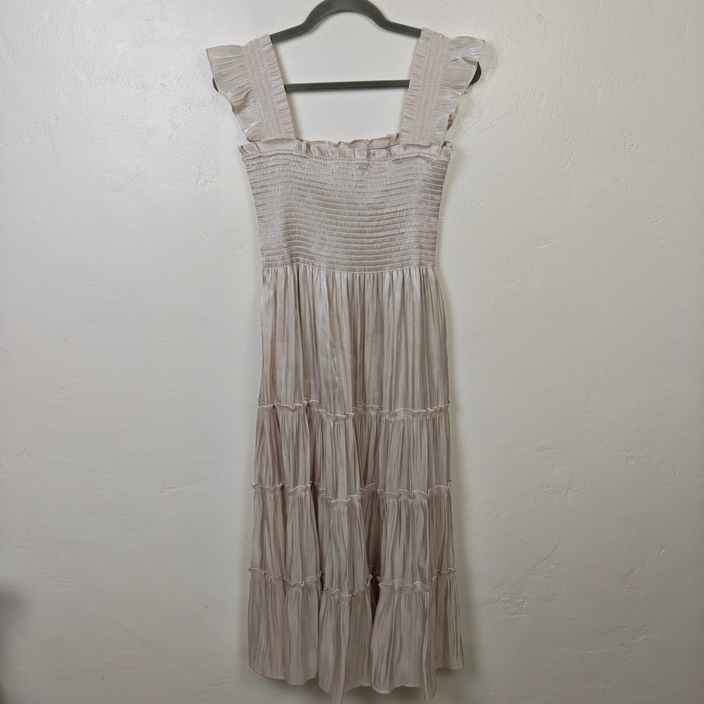 Kourt Womens Dress Large Champagne Smocked Tiered Ruffle Shimmer Cottagecore - Picture 5 of 9